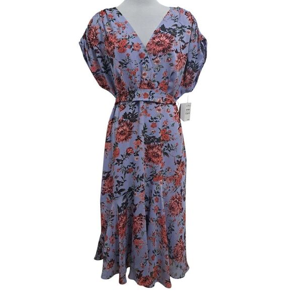 Chelsea 28 Floral Print Boho Chic Faux Wrap V Neck Multi Purple Dress Large NWT - Picture 1 of 16